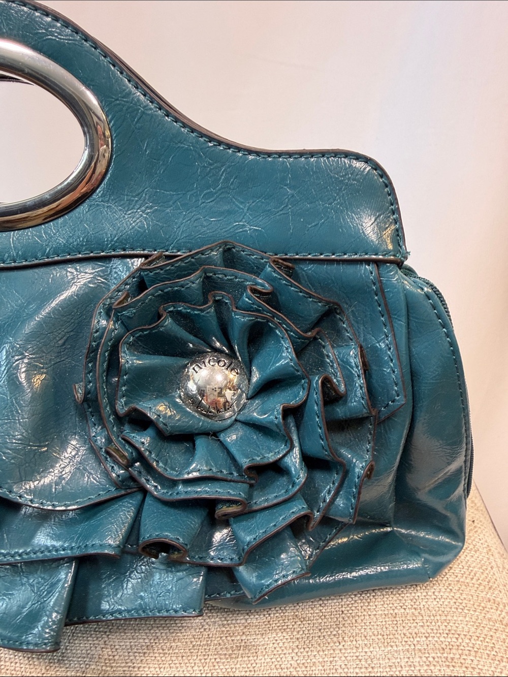 NICOLE Teal Ruffle Flower Handle Clutch - Stylish Women's Bag - Picture 2 of 9